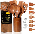 Wooden Spoons for Cooking, 8 PCS Teak Wood Cookware Utensil Set with Hooks - Smooth Finish, Non-Stick, Comfort Grip Cooking Spoons and Utensils Holder