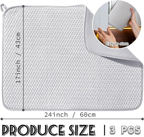 3 Pcs XXL Dish Drying Mat,Absorbent Microfiber Dishes Drainer Mats,Large Size 24×17" Pads for Kitchen Counter,Coffee,Rack,Under Sink,Light Gray