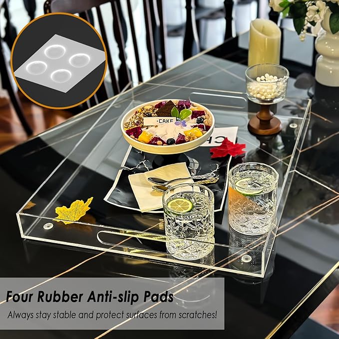Extra Large Serving Tray with Handles, Acrylic Tray for Food, Drinks, Snacks and Appetizer, Rectangular Trays for Eating, Lucite & Coffee Table Trays, Acrylic Makeup Organizer 16" × 20"