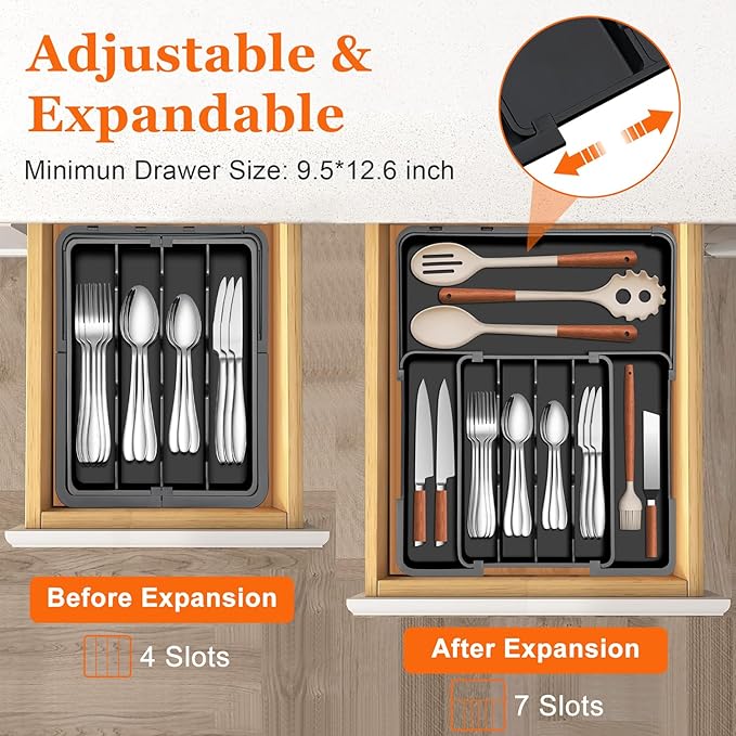 Silverware Organizer - Expandable Kitchen Drawer Organizer, Utensil Drawer Organizer, Adjustable Plastic Flatware and Cutlery Holder, Kitchen Organizers Storage for Forks Knives, Black