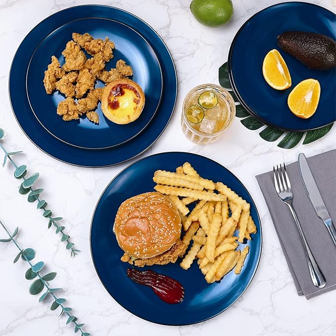 TP 12-Piece Melamine Dinnerware Sets, Plates and Bowls Dishes Set for 4, Break-Resistant & Non-Microwavable, Lightweight Dinner Plates, Black and Blue