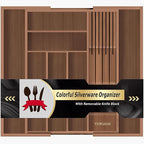 Bamboo-Silverware-Drawer-Organizer-Kitchen, Expandable Utensil Holder Cutlery Tray Flatware Organization Adjustable Wood Tableware Dividers Storage (with Removable Knife Block)(Brown)