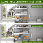 Over The Sink Dish Drainer Drying Rack 3 Tier, Full Stainless Steel Dish Drying Rack Adjustable Length 20.9''-37.4'', Kitchen Sink Shelf, Organized Space-Saving Dish Rack