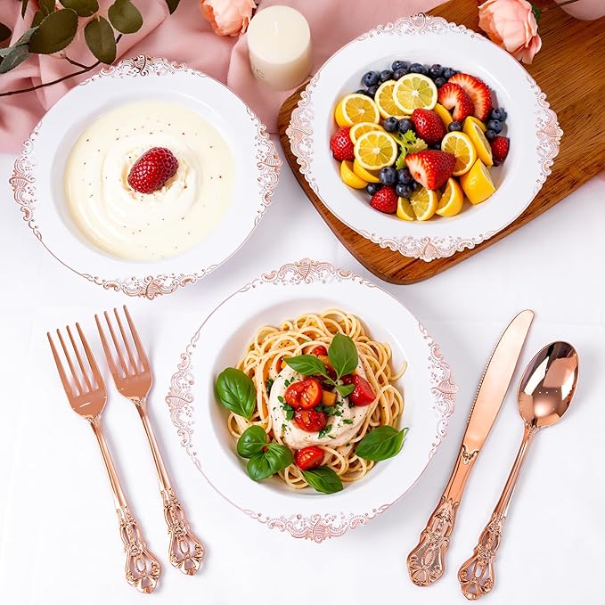 100PCS Rose Gold Plastic Bowls - 12 oz Disposable Salad Bowls - Heavy Duty Disposable Soup Bowl - Fancy Plastic Ice Cream Bowl for Weddings Parties Catering Picnics Mother‘s Day