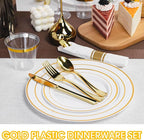 350PCS Gold Plastic Plates Dinnerware Set, Thanksgiving Disposable Plates, 50 Dinner and 50 Dessert Plates, 50 Pre Rolled Napkins with Silverware and 50 Cups for Party and Wedding