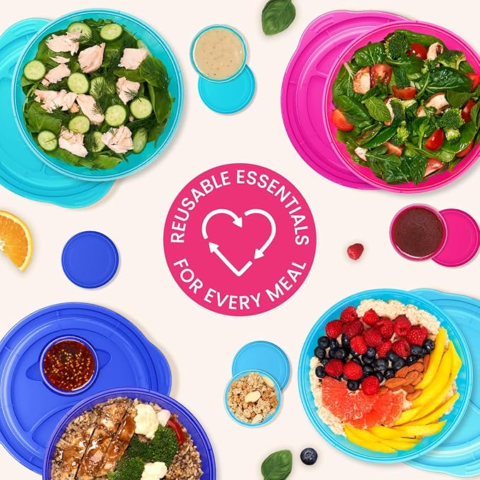 Bentgo Easyboxes Salad-to-Go Containers - 8-Piece Set: 4 Bowls, Leak-Proof Dressing Cups Built-In & 4 Fitted Lids Seal in Freshness; Reusable/BPA-Free for Salad, Pasta, & Cereal (Jewel Brights)