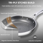 Ammeloo Hybrid Tri-Ply Stainless Steel Frying Pan Set, 8"/9.5"/11" Cooking Pans, Non Stick Frying Pans and Skillets, Chef Pan, Non Toxic, Dishwasher Safe, Induction Compatible, Black Interior
