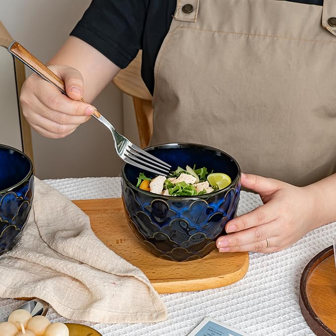 Ceramic Cereal Bowls Set for kitchen,24 oz Deep Soup Bowls for Cereal, Salad, Pasta,Ramen,Porcelain Soup Oatmeal Bowls Set of 2,Microwave & Dishwasher Safe. (Dark Blue)
