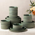 GBHOME 24-Piece Stoneware Dinnerware Set for 8 – Ribbed Ceramic Plates and Bowls, Scratch-Resistant, Microwave & Dishwasher Safe, Reactive Glaze, Dark Green