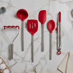 Tovolo Silicone Cooking Utensil Set of 6 Stainless Steel Handle Ladle Slotted Turner Tongs Flex Core Spatula Scraper Mixing Spoon & Potato Masher, Dishwasher Safe BPA Free Utensils, Cayenne Red