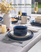 Famiware Star 12-Piece Stoneware Dinnerware Sets for 4, Modern Rustic Dishes for Everyday & Formal Use, Reactive Glaze Plates and Bowls, Chip/Scratch Resistant, Microwave/Dishwasher Safe, White & Blue