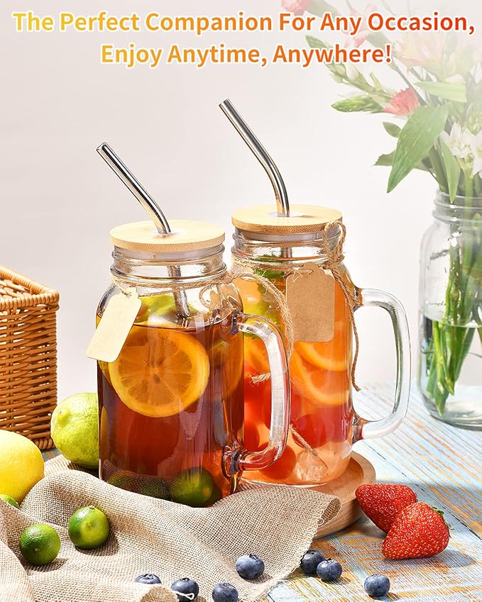 TANGLONG Mason Jar with Lid and Straw 24 oz Mason Jar Cups Set of 8 Glass Cups with Lids and Straws Mason Jars with Handle Drinking Glasses