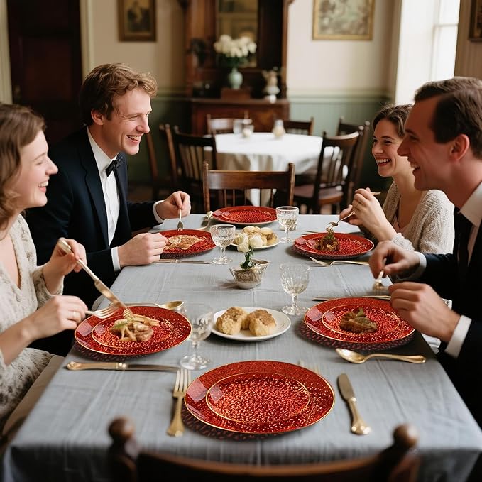 DaYammi 350PCS Clear Red Gold Plastic Dinnerware Set for 50 Guests, Hammered Disposable Plates for Party, Include: 50 Dinner Plates, 50 Dessert Plates, 150 Gold Silverware, 50 Napkins, 50 Cups