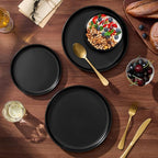 E-far 12-Piece Stoneware Plates and Bowls Sets, Dinnerware Sets for 4, Ceramic Dishware Dishes Set with Terracotta Base, Chip & Scratch Resistant, Microwave & Dishwasher Safe, Matte Black