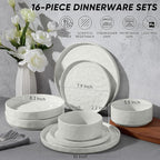E-far 16-Piece Plates and Bowls Sets with Pasta Bowls - Stoneware Dinnerware Set for 4, Modern Ribbed Speckled White Dishes, Microwave & Dishwasher Safe