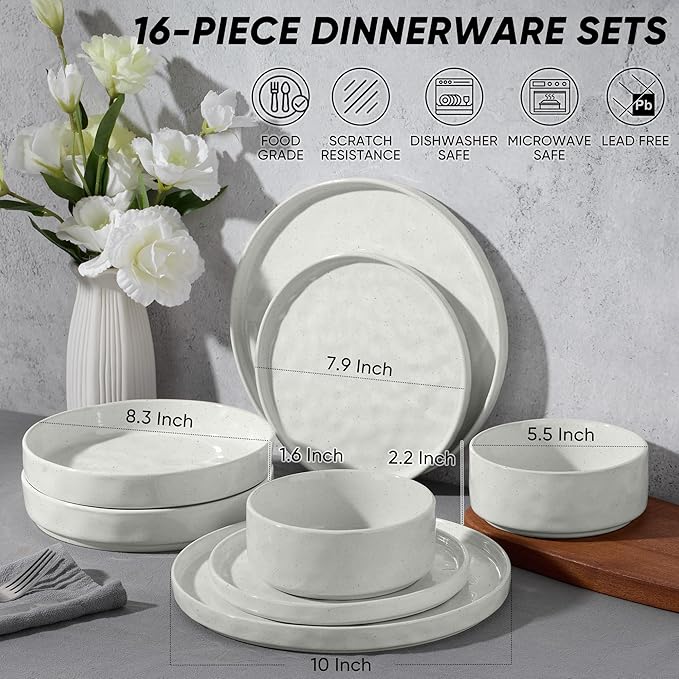 E-far 16-Piece Plates and Bowls Sets with Pasta Bowls - Stoneware Dinnerware Set for 4, Modern Ribbed Speckled White Dishes, Microwave & Dishwasher Safe