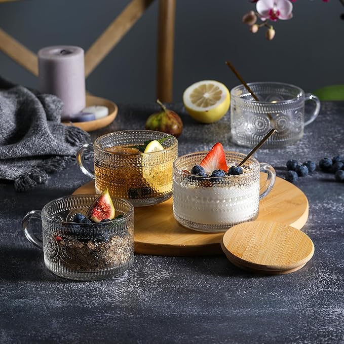 LANDNEOO 12pcs Set Irish Coffee Glasses, Vintage Coffee Mugs, Overnight Oats Containers with Bamboo Lids and Spoons - 14oz Clear Embossed Glass Cups, Cute Coffee Bar Accessories, Iced Coffee Glasses
