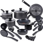 T-fal Initiatives Nonstick Cookware Set 18 Piece, Oven Broiler Safe 350F, Kitchen Cooking Set w/Fry Pans, Saucepans, Stockpots, Skillet, Spoons, Lids Pots and Pans Set, Dishwasher Safe, Stone Grey