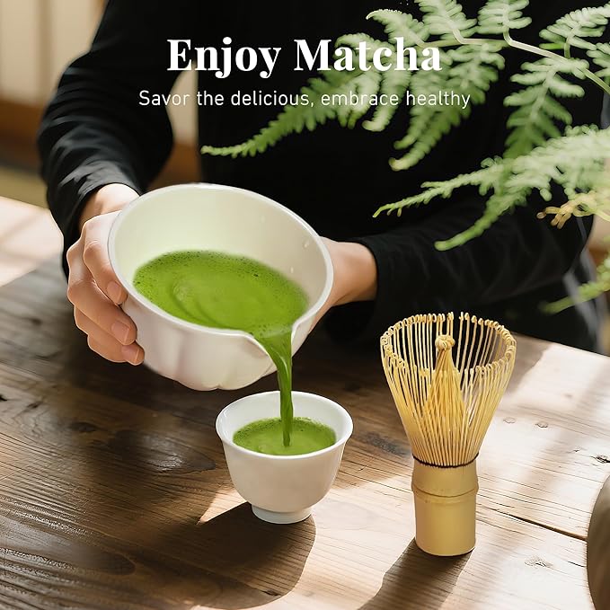 Matcha Whisk Set,7 PCS Ceramic Matcha Kit Includes Matcha Bowl with Spout, Matcha Whisk and Holder, Bamboo Scoop, Stainless Sifter, Tea Towel, Unique Gift for Matcha Lovers (White)