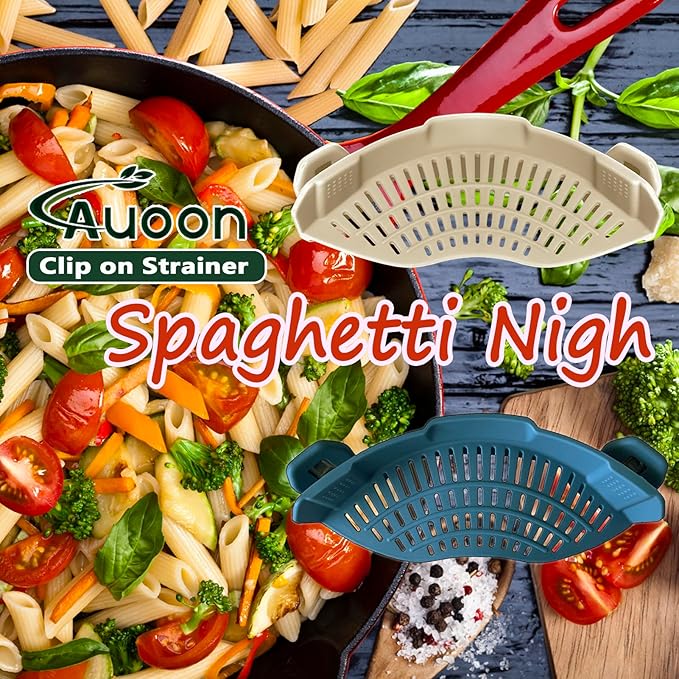 AUOON Clip On Strainer Silicone for All Pots and Pans, Pasta Strainer Clip on Food Strainer for Meat Vegetables Fruit Silicone Kitchen Colander (Fog Blue)
