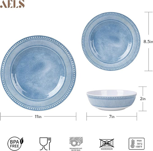 AELS Melamine Dinnerware Set of 18 Pcs, Dinner Dishes Set for Indoor and Outdoor Use, Melamine Plates and Bowls Set for 6, Dishwasher Safe, Lightweight Unbreakable, BPA Free, Soft Blue
