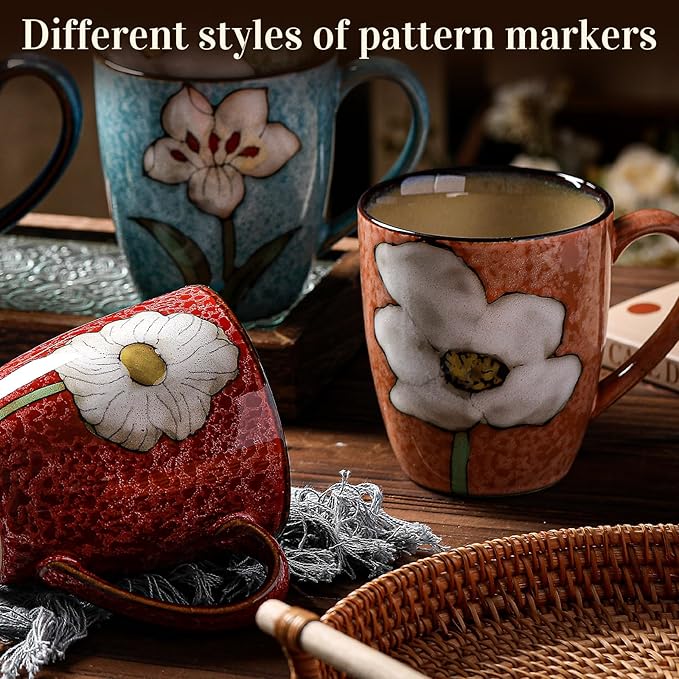 Maxdot 2 Pcs 12oz Ceramic Coffee Mugs Sets Glazing Process Cappuccino Mug Floral Ceramic Tea Cups Mother's Day Idea Gift for Women Mom Porcelain Cup for Coffee, Cocoa, Tea, Latte (Vintage)