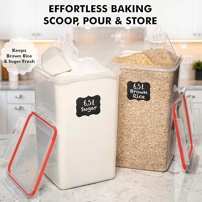WHITE FEATHER SUPPLIES 2 PC [6.5L / 220 Oz] Large Flour Sugar Storage Containers - Leak Proof, BPA Free, Clear Plastic Food Storage Containers with Lids Airtight - Bulk Storage for Kitchen and Pantry