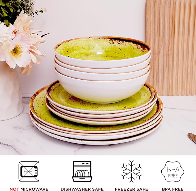 TP 12-Piece Melamine Dinnerware Sets, Plates and Bowls Dishes Set for 4, Break-Resistant & Non-Microwavable, Lightweight Dinner Plates, Green Swirl