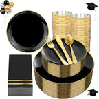 NOCCUR 350PCS Black and Gold Plastic Plates - Black Disposable Dinnerware Set for 50 Guests, 100 Dinner/Dessert Plates, 150 Gold Silverware, 50 Cups&50 Napkins for Party/Birthday/Graduation