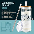 Pandaloo® Glass Cups With Lids and Straws -20 Fl Oz- Perfect Size Iced Coffee Cup - Smoothie Cup With Bamboo Lid and On the go Lid - Glass Tumbler With Straw (1 Count (Pack of 1), Coton White)