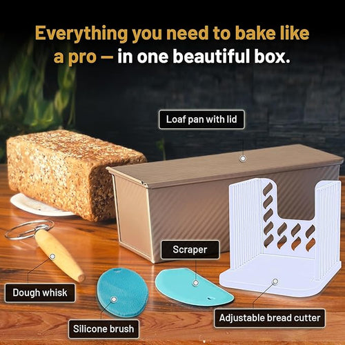 5-Pack Pullman loaf pan with Lid – Sourdough Loaf Pan Set, Includes Dough Scraper, Whisk, Silicone Cleaning Brush & Bread Cutter – Long Loaf Pan with Lid for Homemade Loaf