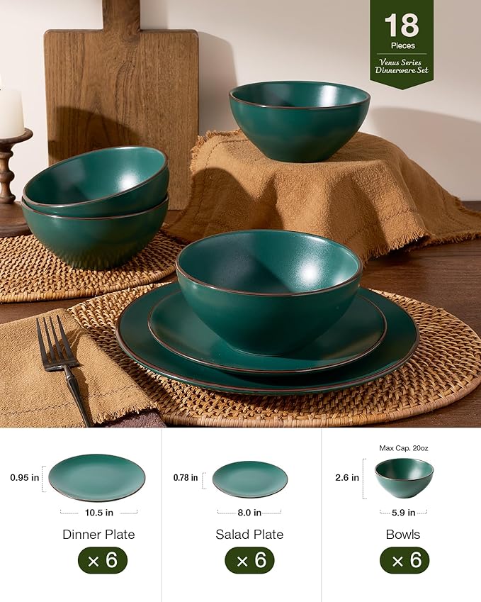 Famiware Venus 18-Piece Plates and Bowls Sets for 6, Stoneware Dinnerware Set with Trim, Modern Minimalist Dishes for Everyday & Formal Use, Chip Resistant, Microwave/Dishwasher Safe, Matte Dark Green