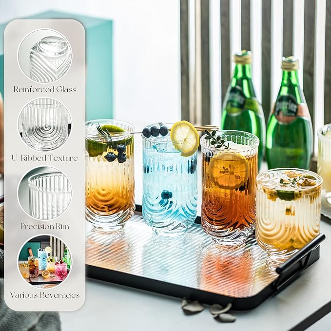 Art Deco Cocktail Glasses, Ribbed Drinking Glasses Set Of 8,14 oz Highball Glasses & 12 oz Cocktail Glasses Set, Kitchen Water Glasses Cup, Bar Tumbler Glassware Set for Beer, Juice, Whiskey, Milk