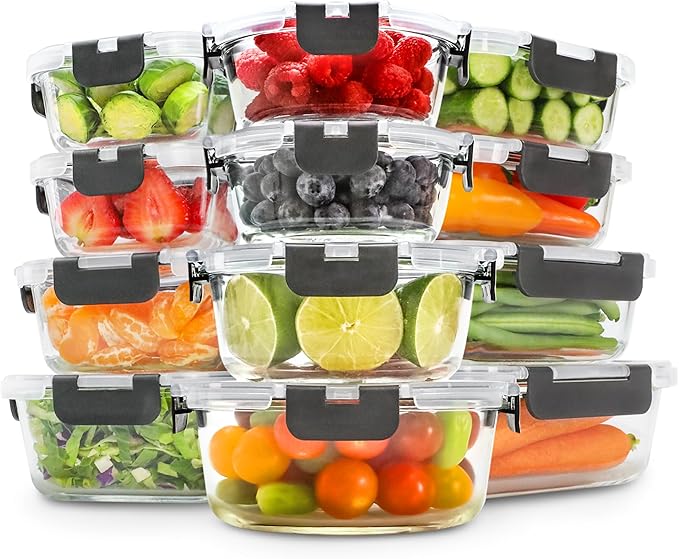 Freshware Glass Storage Containers with Lids, 24 Pieces, 12 Containers with 12 Lids, Glass Meal Prep Container for Lunch, Food Storage Containers, Leak Proof, Freezer Safe, Grey