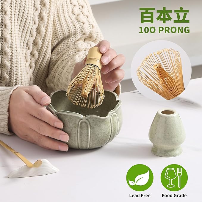 Matcha Whisk Set, Ceramic Matcha Set 8 Pcs, Matcha Kit Set Includes Matcha Bowl, Matcha Whisk and Holder, Bamboo Scoop and Rest, Sifter and Tea Towel, Ideal Gift for Family/Friend (Cyan)