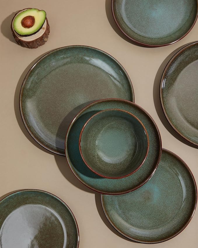 Pokini 8.75 Inch Large Ceramic Pasta Bowls, 32 Oz Reactive Glaze Stoneware Pasta Serving Bowls Set of 4 for Kitchen, Wide Bowls for Fruit,Pasta,Salad,Soup, Scratch Resistant-Brown and Green
