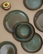 Pokini Stoneware Pasta Bowls Set of 6, 8.75 Inch Ceramic Bowl Set 32 Oz, Microwave & Dishwasher Safe Bowl Plates, Large Salad Bowl for Serving Soup, Pasta, Noodle, Dinner, Brown Green