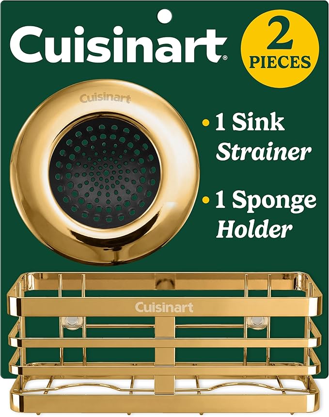 Cuisinart 2 Piece Sink Set – Sink Drain Strainer with Stainless Steel Rim & Silicone Mesh Base & Sponge Holder for Kitchen Sink, Metal Caddy with Triple Suction Cups, Daily Kitchen Essentials