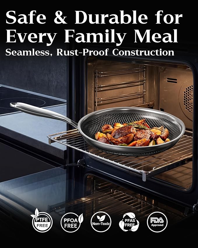 Honeycomb Stainless Steel Nonstick Frying Pan with Lid Set (No Lid Included), Induction Cooktop Compatible Skillet, PFOA-Free Scratch-Proof, Dishwasher & Oven Safe, Silver Kitchen Cookware