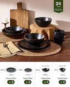 Famiware Venus Stoneware Dinnerware Sets with Trim, 24-Piece Modern Dishes Set for 6, Matte Black - Includes Pasta Bowls & Dinner Plates for Everyday Meals & Formal Dining, Microwave & Dishwasher Safe
