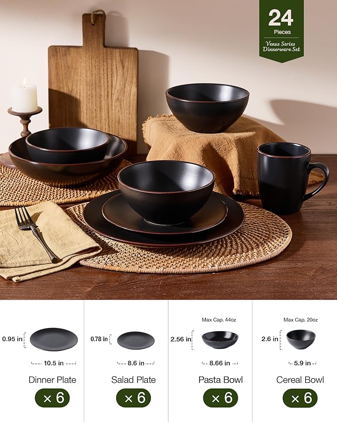 Famiware Venus Stoneware Dinnerware Sets with Trim, 24-Piece Modern Dishes Set for 6, Matte Black - Includes Pasta Bowls & Dinner Plates for Everyday Meals & Formal Dining, Microwave & Dishwasher Safe