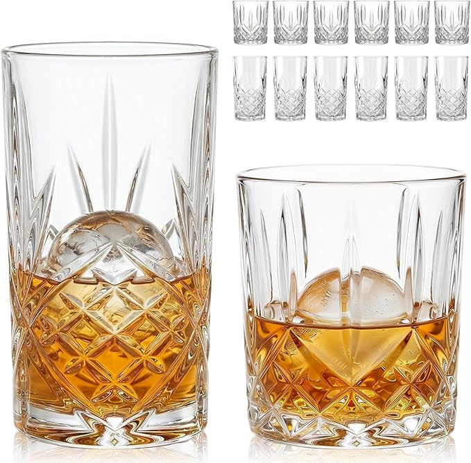 Moretoes Crystal Drinking Glasses Set of 12, Glass Whisky Cups, Mixed Glassware Set, 12 Oz Highball Glasses & 11 Oz Old Fashioned Glasses, Great for Cocktail and Other Beverages