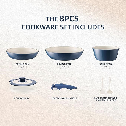 8PCS Ceramic Cookware,Nonstick Pan, Removable Handle Ceramic Pots and Pans Set, Stackable Set, Nonstick Pan Pots and Pans Set Non Stick pot(Blue)