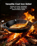 Cast Iron Skillets, 9.5 Inch Frying Pan with Teardrop Handle, Oven Safe, Durable Camping Cookware for Stove & Grill Use, Indoor/Outdoor