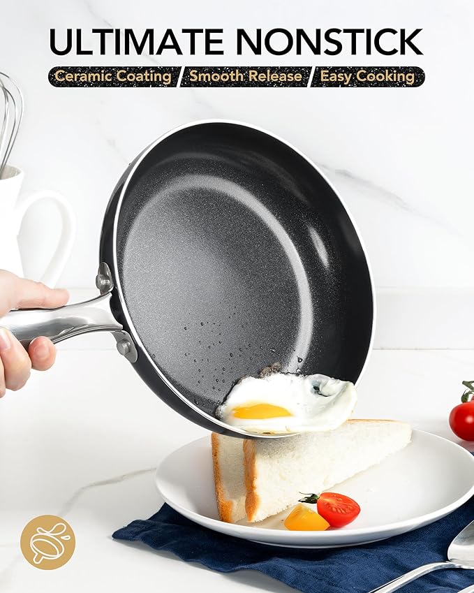 MICHELANGELO Non Stick Frying Pan - 12 Inch Frying Pan Nonstick with Lid, Large Fry Pan Induction Compatible, Black Ceramic Skillet with Lid
