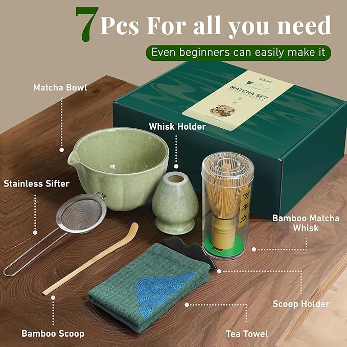 Matcha Whisk Set,7 PCS Ceramic Matcha Kit Includes Matcha Bowl with Spout, Matcha Whisk and Holder, Bamboo Scoop, Stainless Sifter, Towel, Unique Gift for Matcha Lovers (Matcha Green)