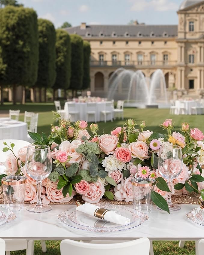 Nervure 350PCS Rose Gold Plastic Plates - Rose Gold Plastic Dinnerware Sets for 50 Guests - 100 Disposable Plates, 150 Silverware, 50 Cups, 50 Napkins Perfect for Wedding & Party & Easter