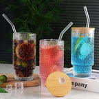 16oz Glass Cups with Lids and Straws, 4 Pack Vintage Drinking Glasses Tumblers Begonia Flower Iced Coffee Cups for Kitchen, Home, Office, Gifts