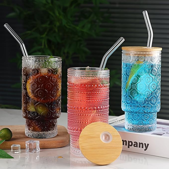 16oz Glass Cups with Lids and Straws, 6 Pack Vintage Drinking Glasses Tumblers Polka Dot Iced Coffee Cups for Kitchen, Home, Office, Gifts