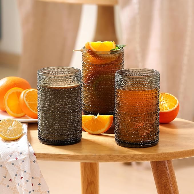 Moretoes Hobnail Drinking Glasses Set of 12,12 Oz Highball Glasses Embossed Boho Water Glass Cups Kitchen Bar Tumbler Glassware Set for Whiskey, Beer, Juice, Milk and Various Mixed Drinks (Gray)